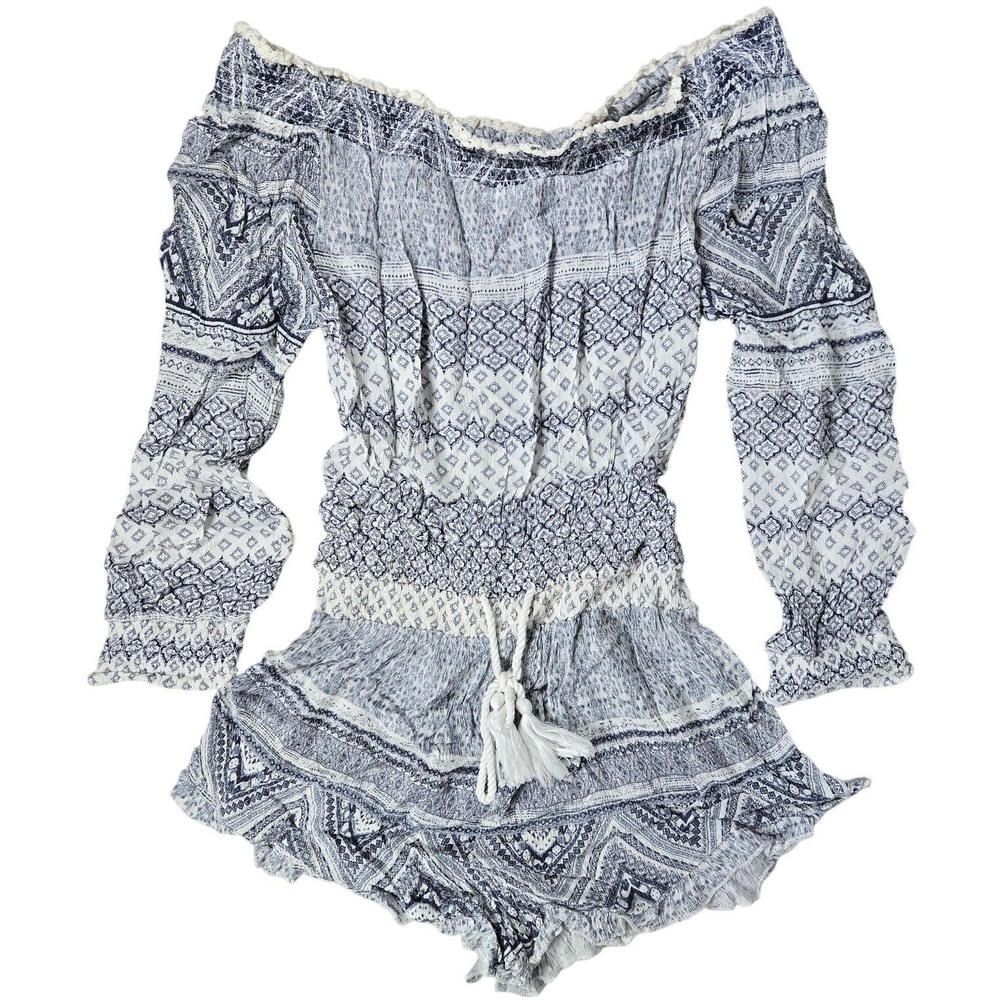 Ripcurl Blue White Geometric Print Off Shoulder Romper Tassel Tie Size S